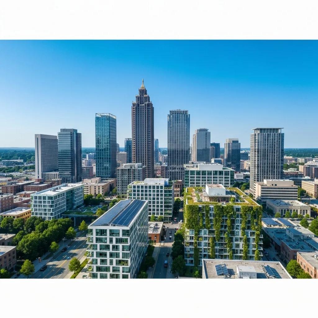 Atlanta skyline featuring sustainable architecture with green roofs and solar panels