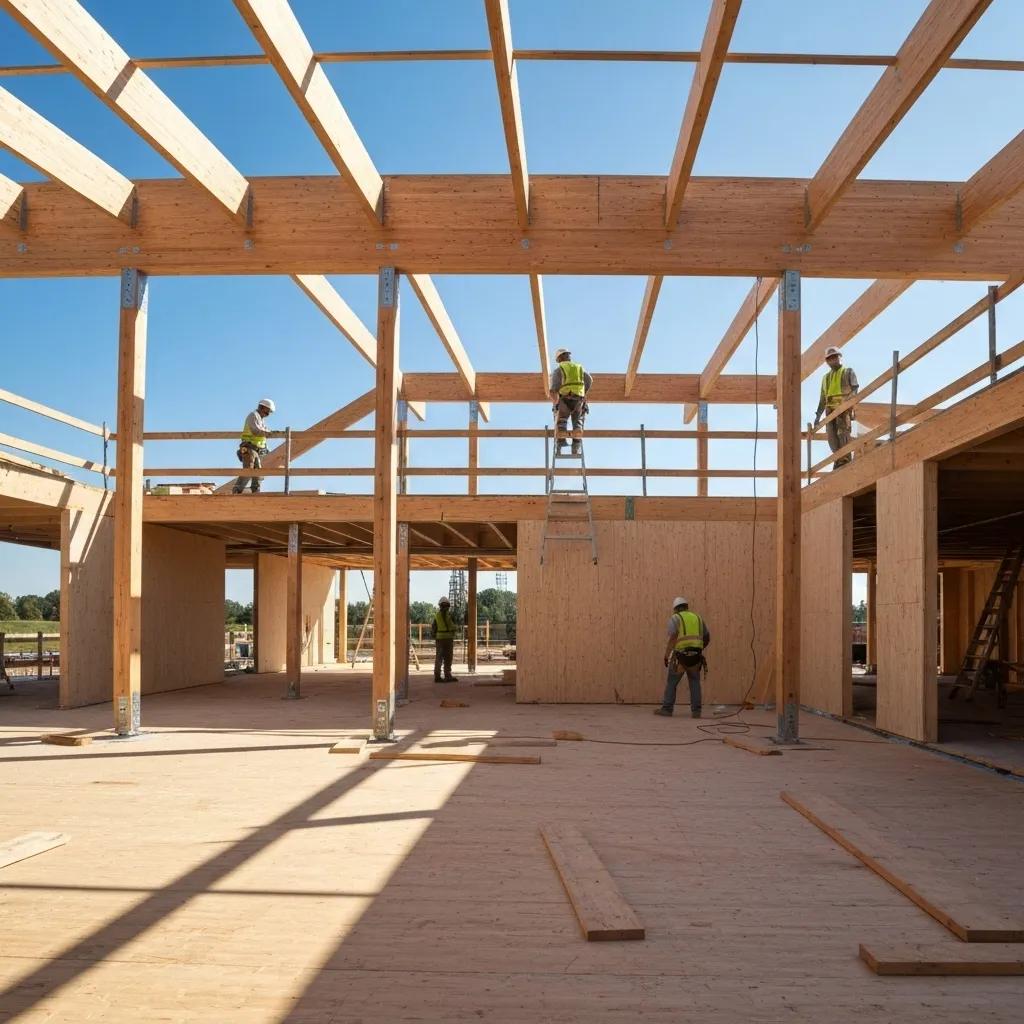 A mass timber building under construction, featuring interlocking cross-laminated timber panels