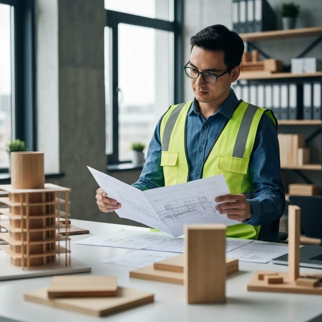 A structural engineer meticulously reviewing blueprints for a green building project that incorporates eco-friendly materials