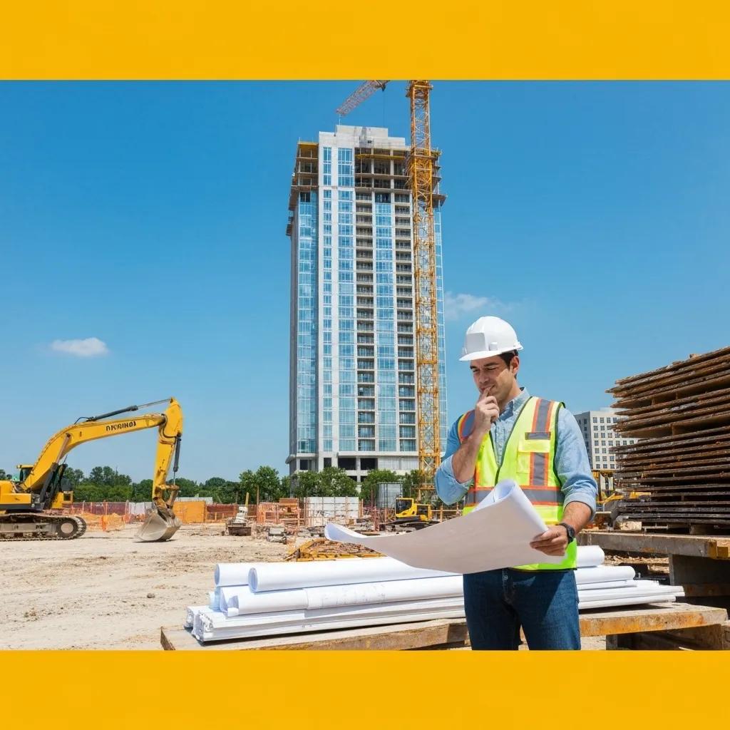 Structural engineer reviewing blueprints on a construction site in Atlanta with a high-rise building in the background
