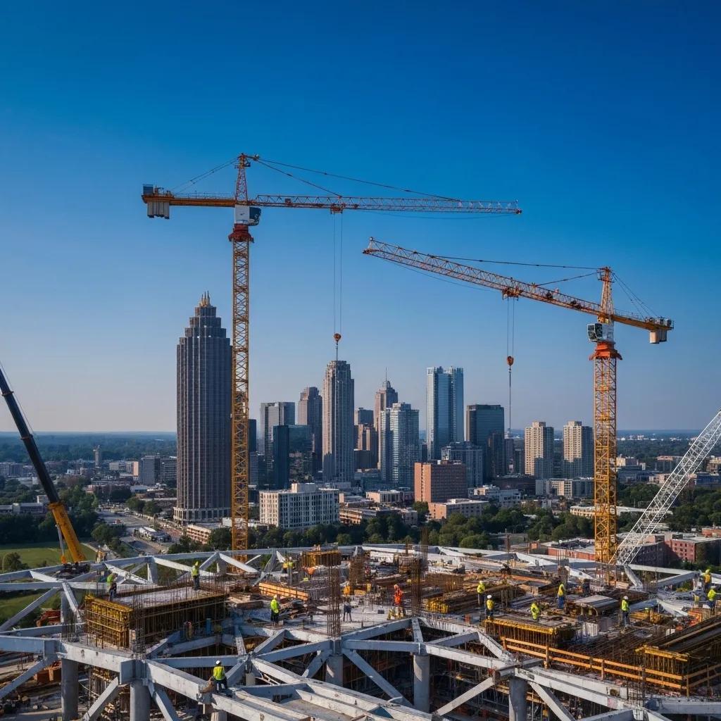 Modern structural engineering project in Atlanta with cranes and construction workers