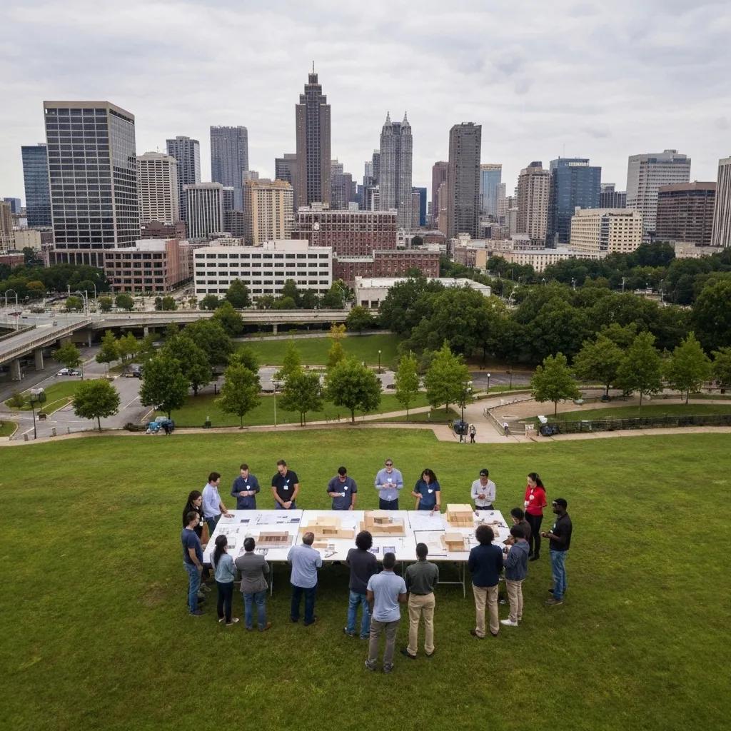 Professionals collaborating in a sustainable design workshop in Atlanta, focusing on green building practices