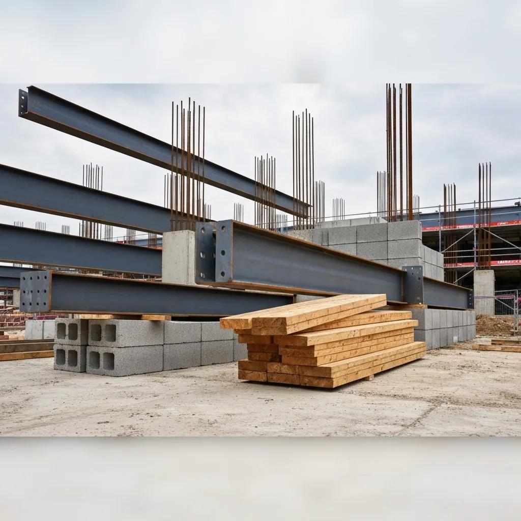 A collage of structural materials: steel beams, concrete columns, and timber framing