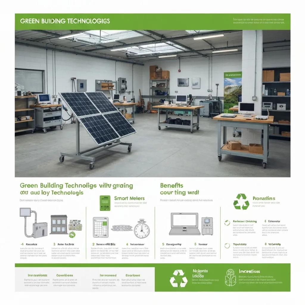 A display showcasing various green building certification logos and educational materials within a workshop setting