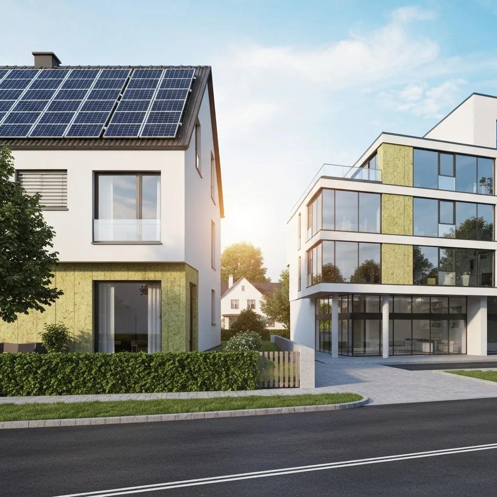 Diagram illustrating energy-efficient building envelope components for both residential and commercial structures