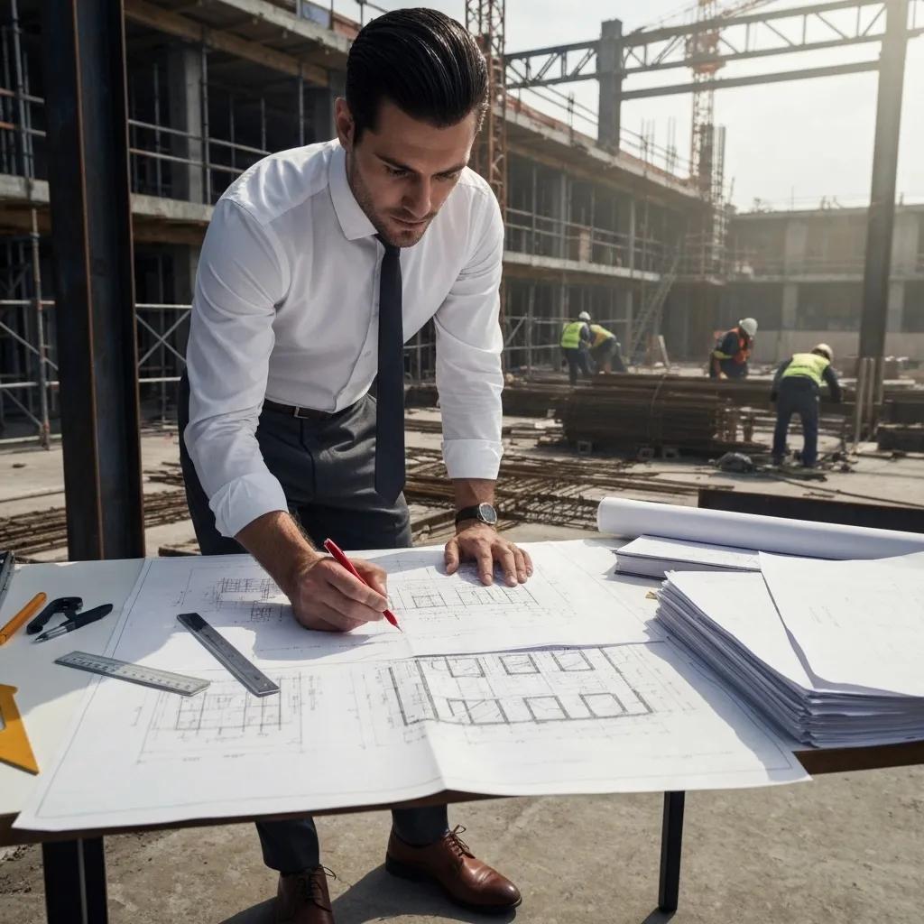 Structural engineer examining blueprints at a construction site