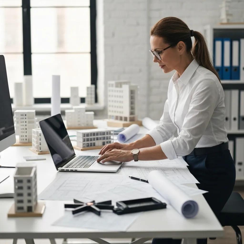 A structural engineer intently reviewing blueprints and digital models in an office setting
