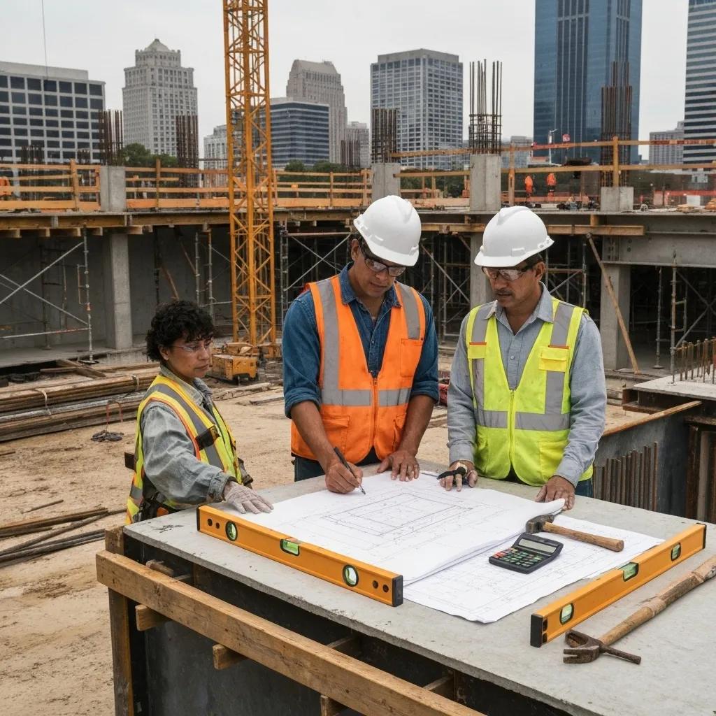 Atlanta construction site with professionals reviewing structural blueprints and code documents