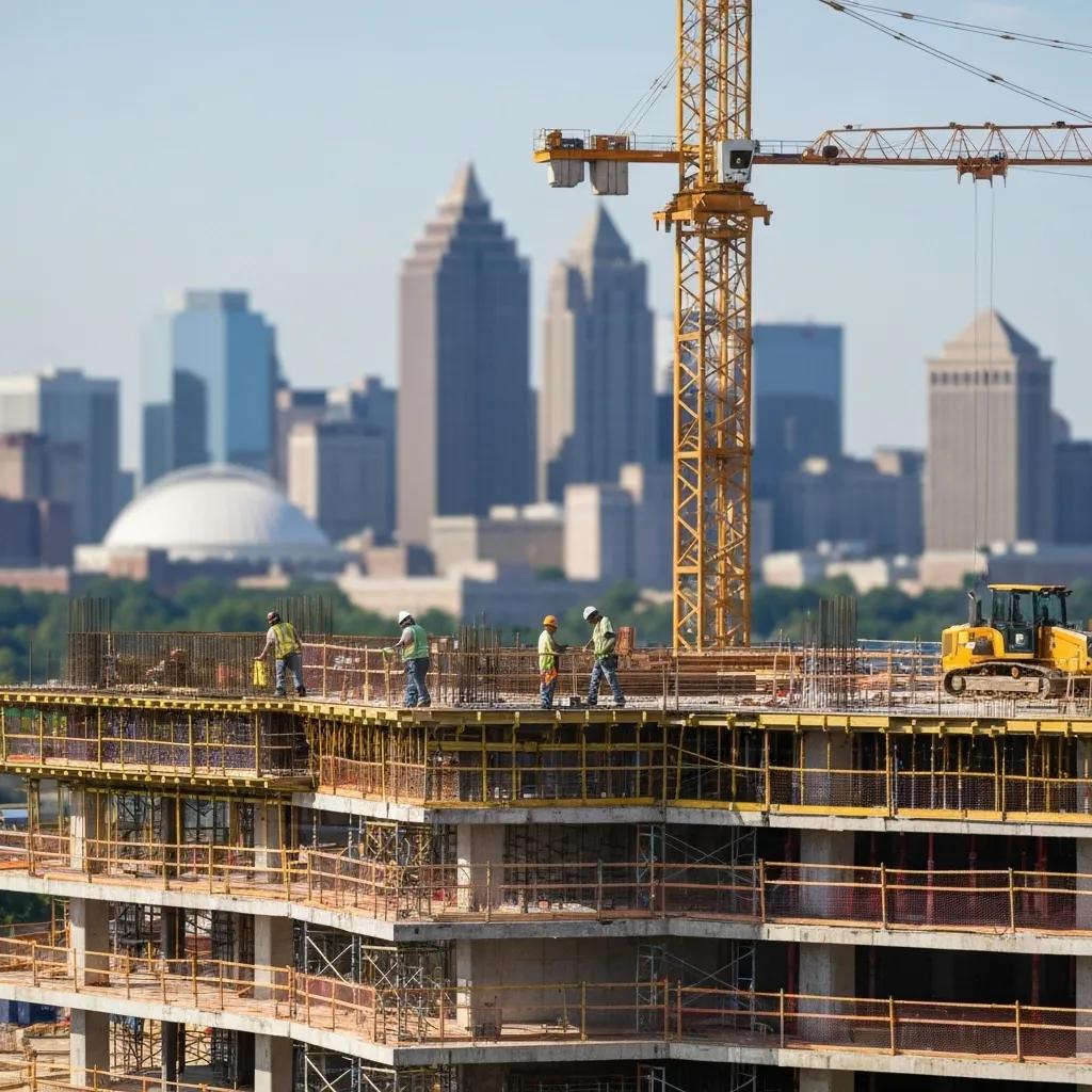 Aerial view of a large commercial construction site in Atlanta, showcasing the scale of mid-rise office buildings