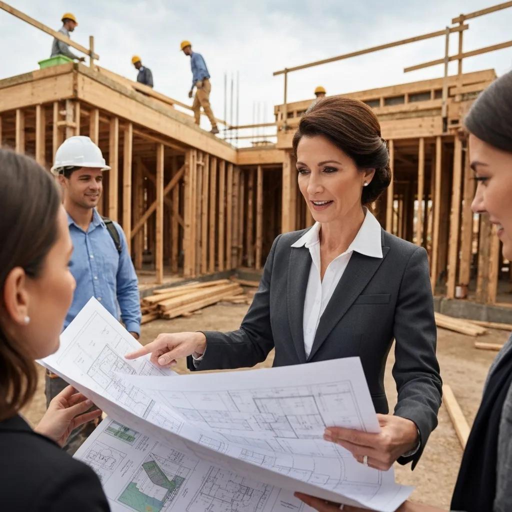 Strut Engineering consultant discussing sustainable design strategies with clients at a bustling construction site