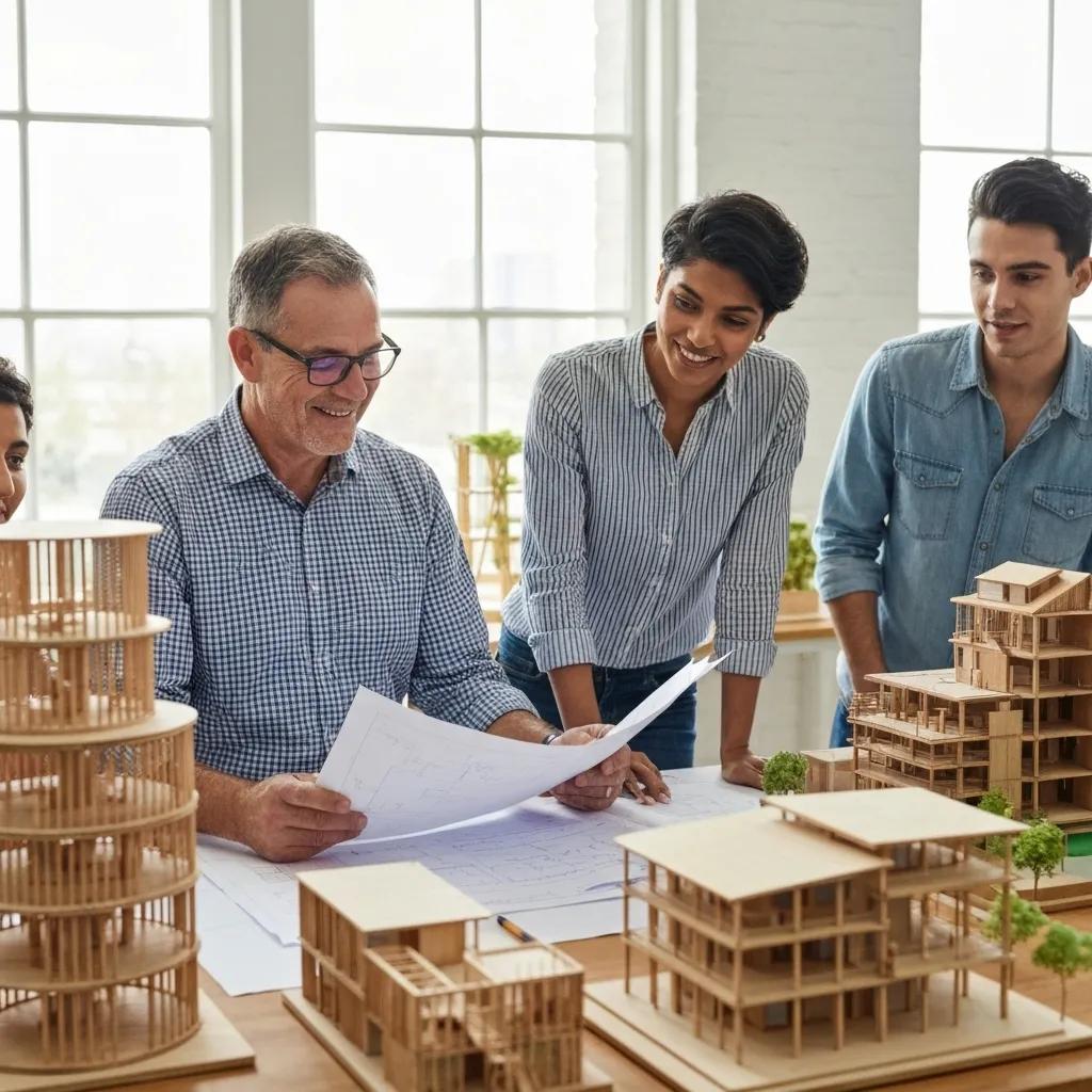 Structural engineer reviewing blueprints and models for a sustainable building project