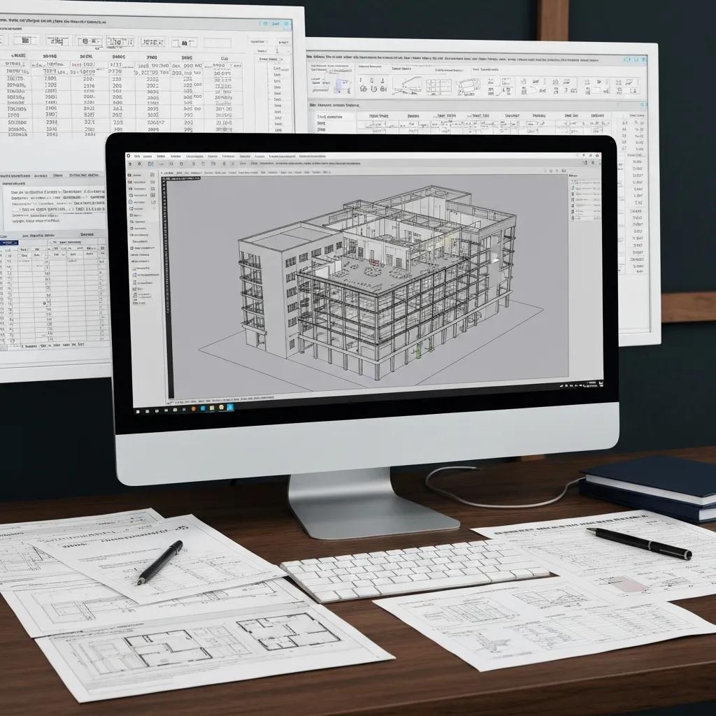A detailed 3D BIM model of a commercial building showcasing structural design elements