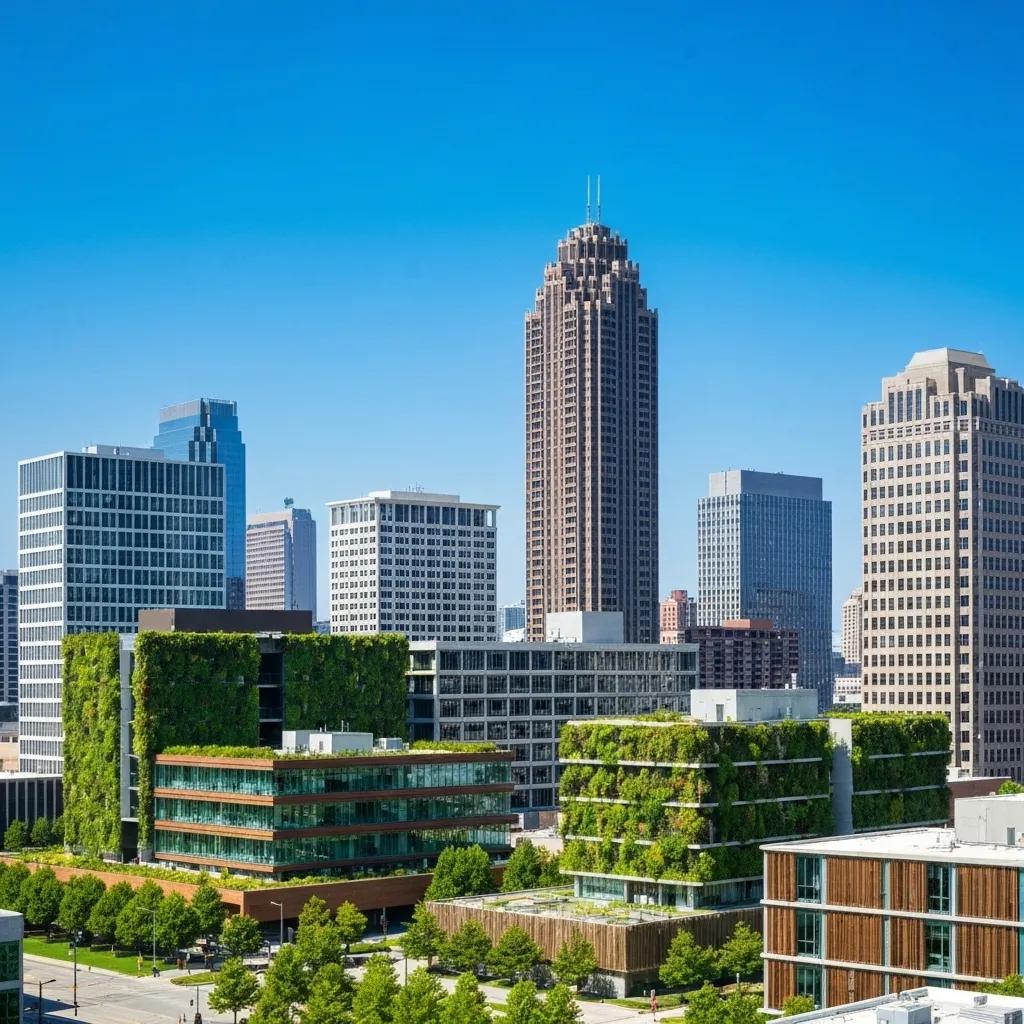 Detailed view of sustainable construction materials like reclaimed steel and engineered wood used in eco-friendly building designs