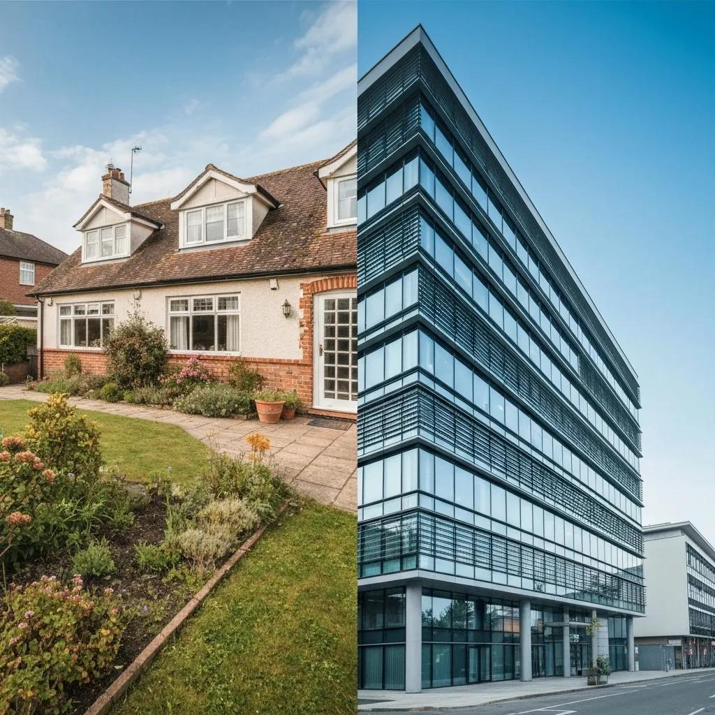 Comparison of a residential home and a commercial building highlighting architectural differences