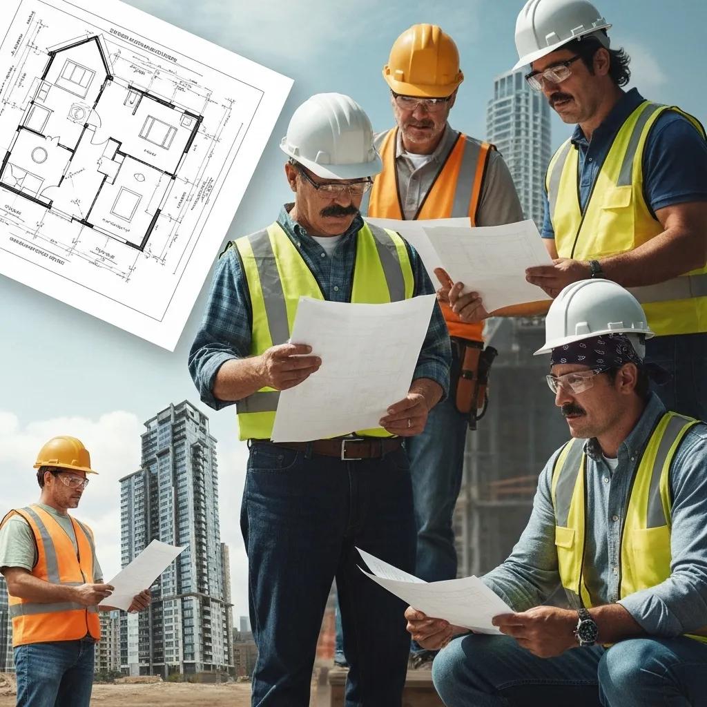 Construction professionals meticulously reviewing building codes and blueprints for both residential and commercial projects.