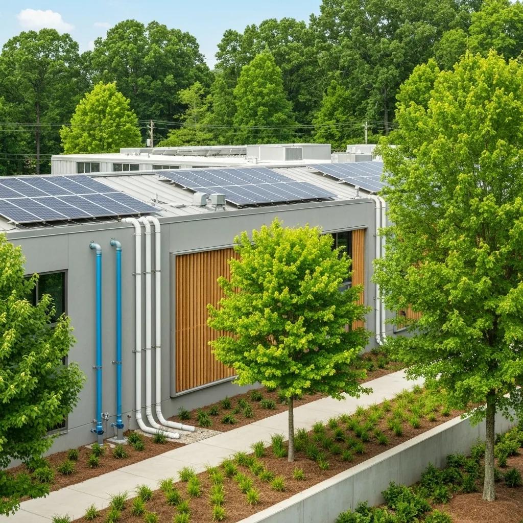 A cutting-edge green building project in Atlanta, featuring integrated solar panels and sustainable materials, visually representing the principles of sustainable structural design.