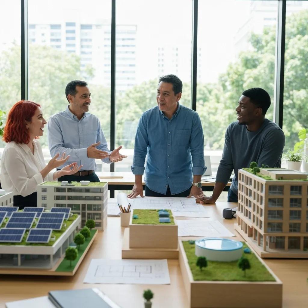 Team of professionals collaborating on a LEED-certified building project in a modern, bright office space