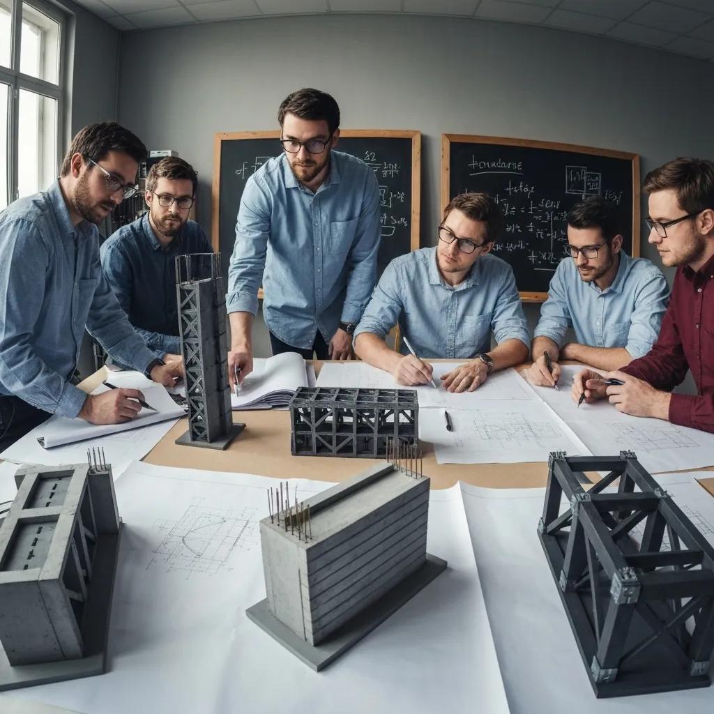 A team of engineers meticulously reviewing traditional structural design blueprints and physical models, highlighting established engineering practices.