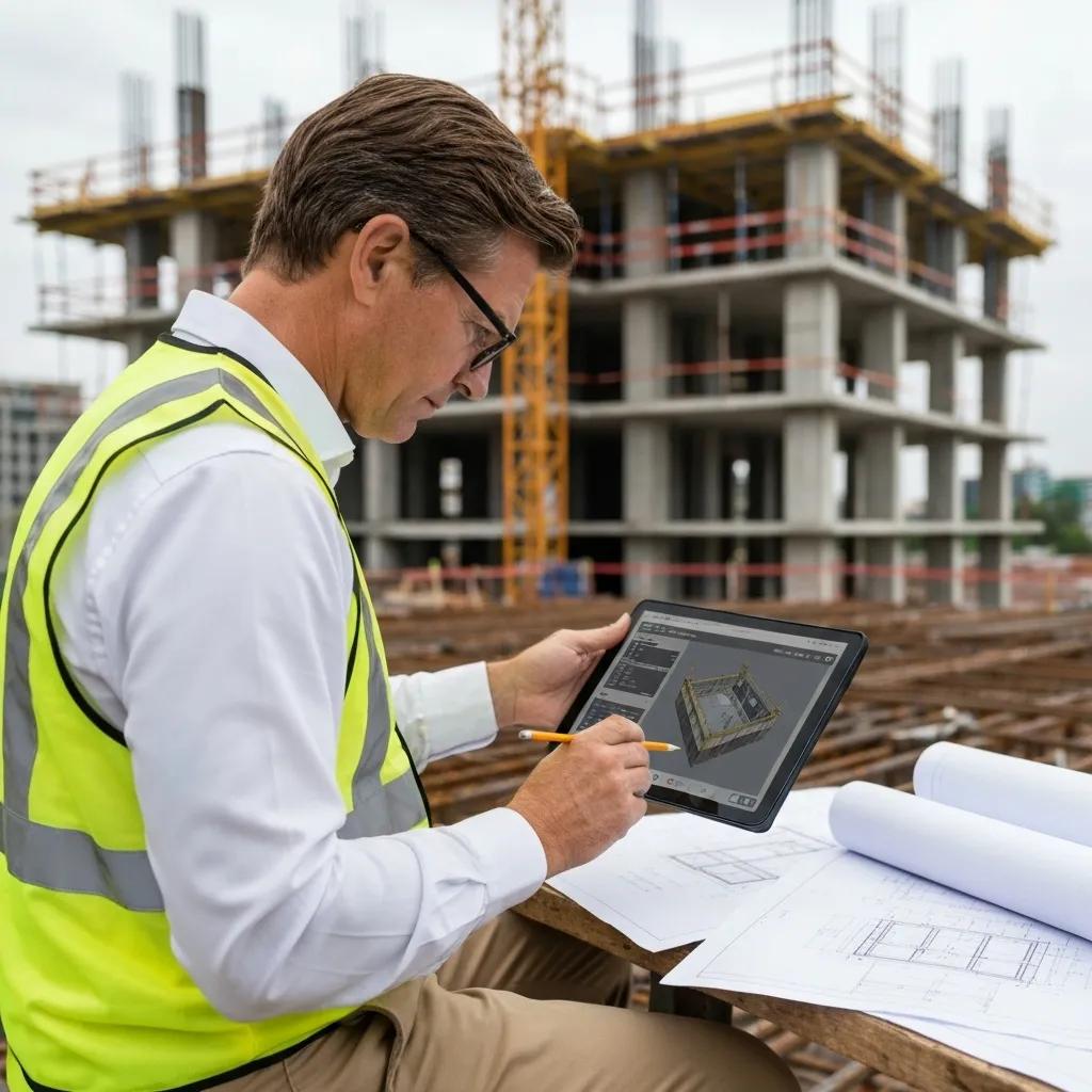 Structural engineer examining blueprints and load paths at a construction site