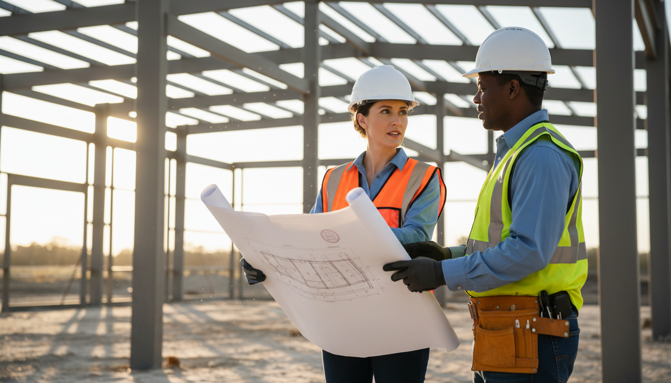 Structural engineer reviewing sealed drawings on a commercial construction site