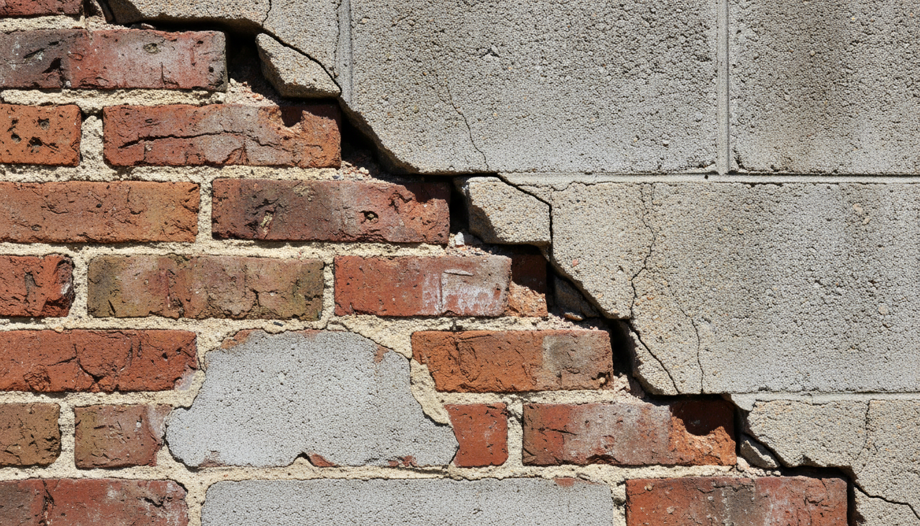 Diagonal crack in concrete block wall showing foundation settlement