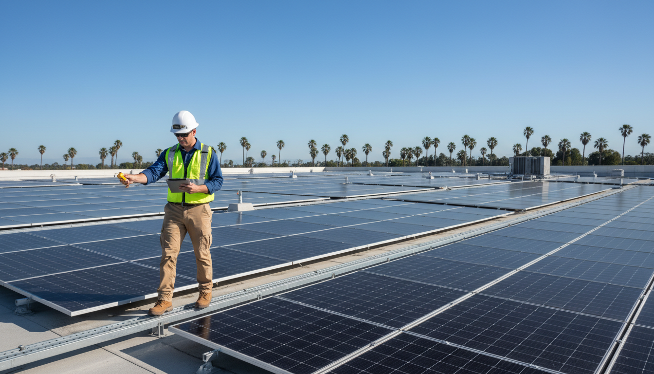 Structural engineer reviewing rooftop solar array plans with PE stamp