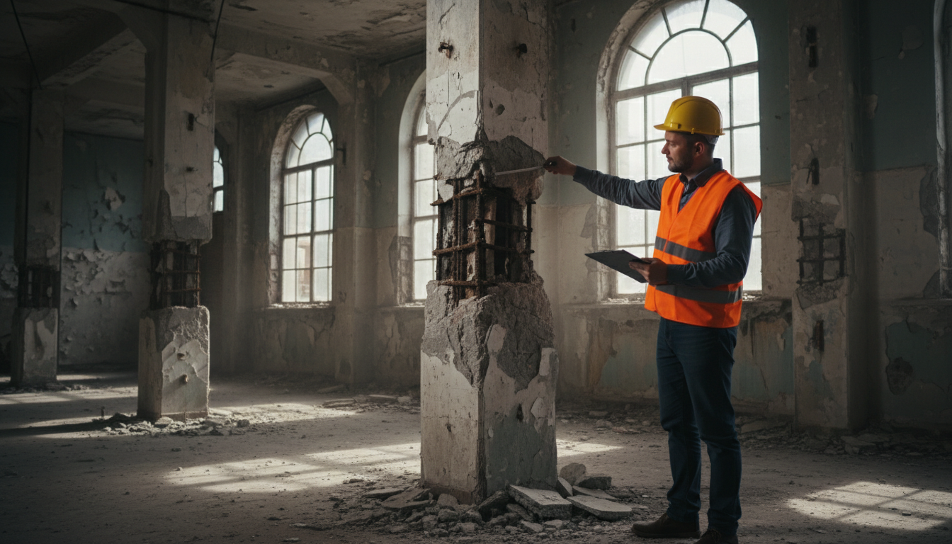 Forensic structural engineer inspecting cracked concrete column at failure site