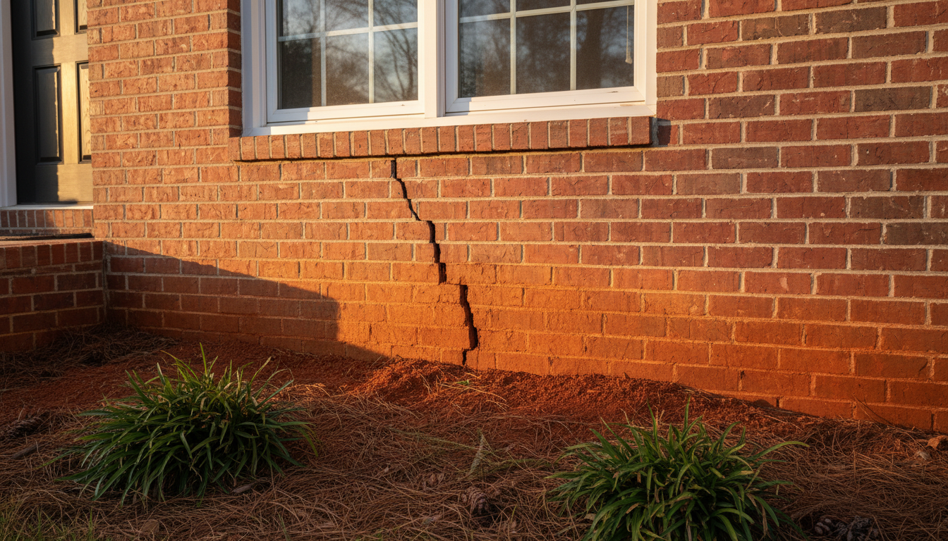 Diagonal crack in exterior brick wall caused by differential foundation settlement