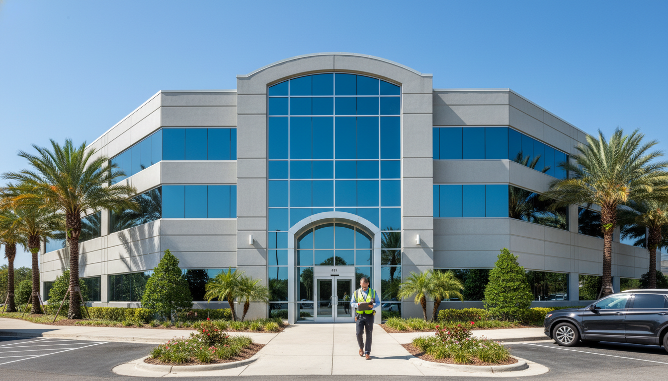 Commercial property inspection with engineer reviewing building systems on clipboard