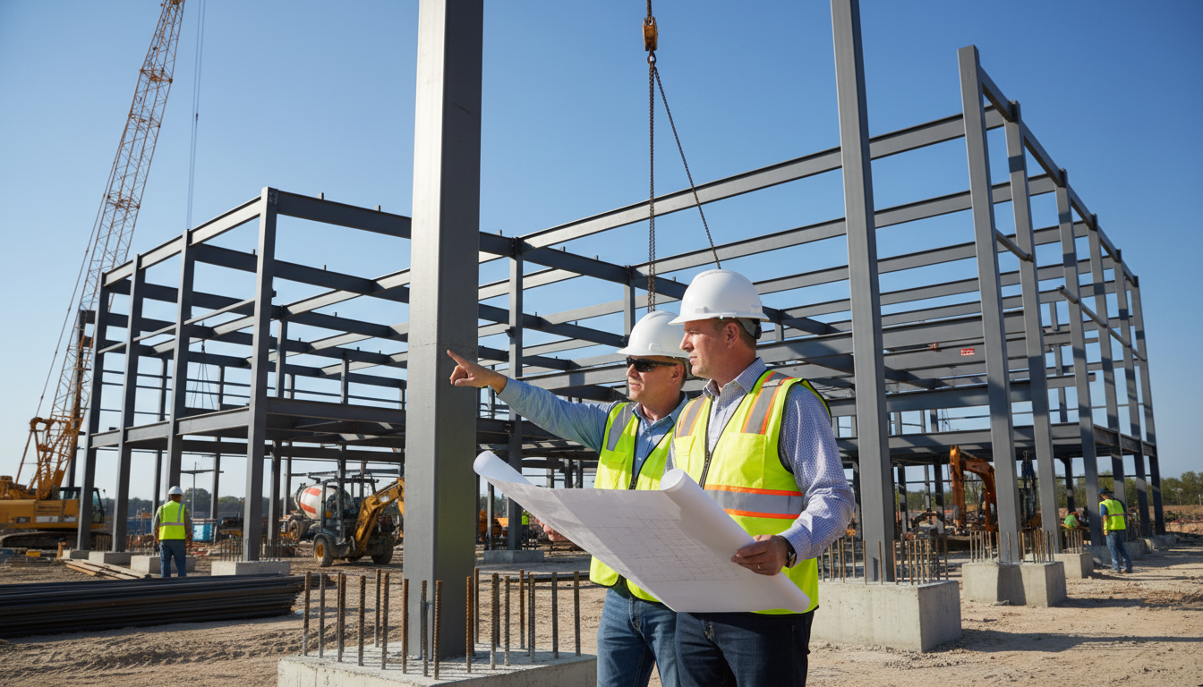 Structural engineer reviewing commercial building frame design on construction site