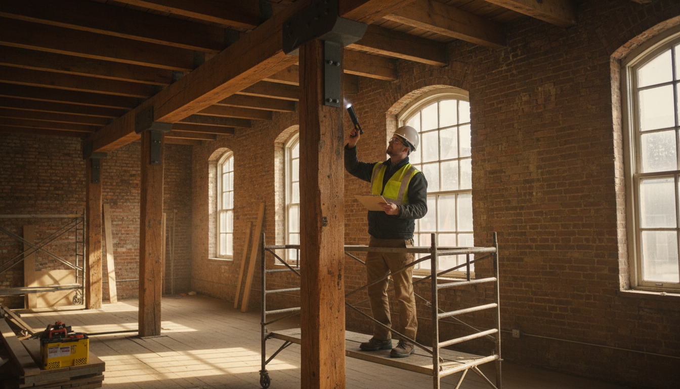 Structural engineer evaluating load-bearing beam during building rehabilitation project