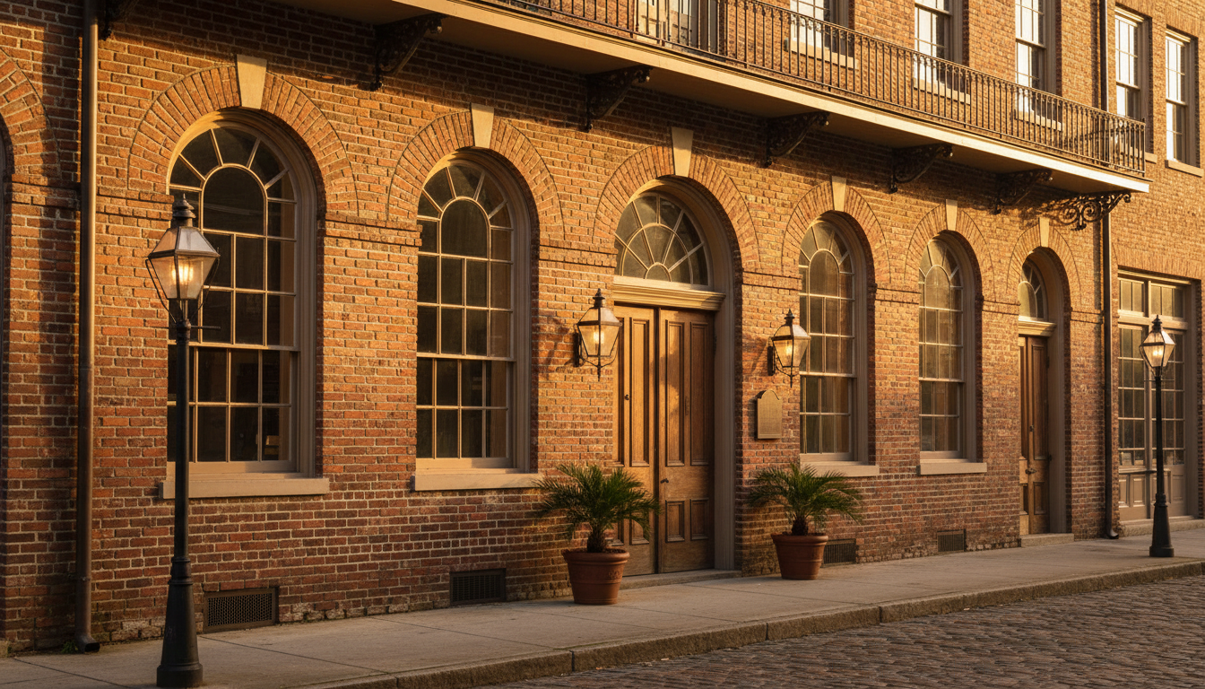 Historic brick building exterior showing structural masonry and restoration work