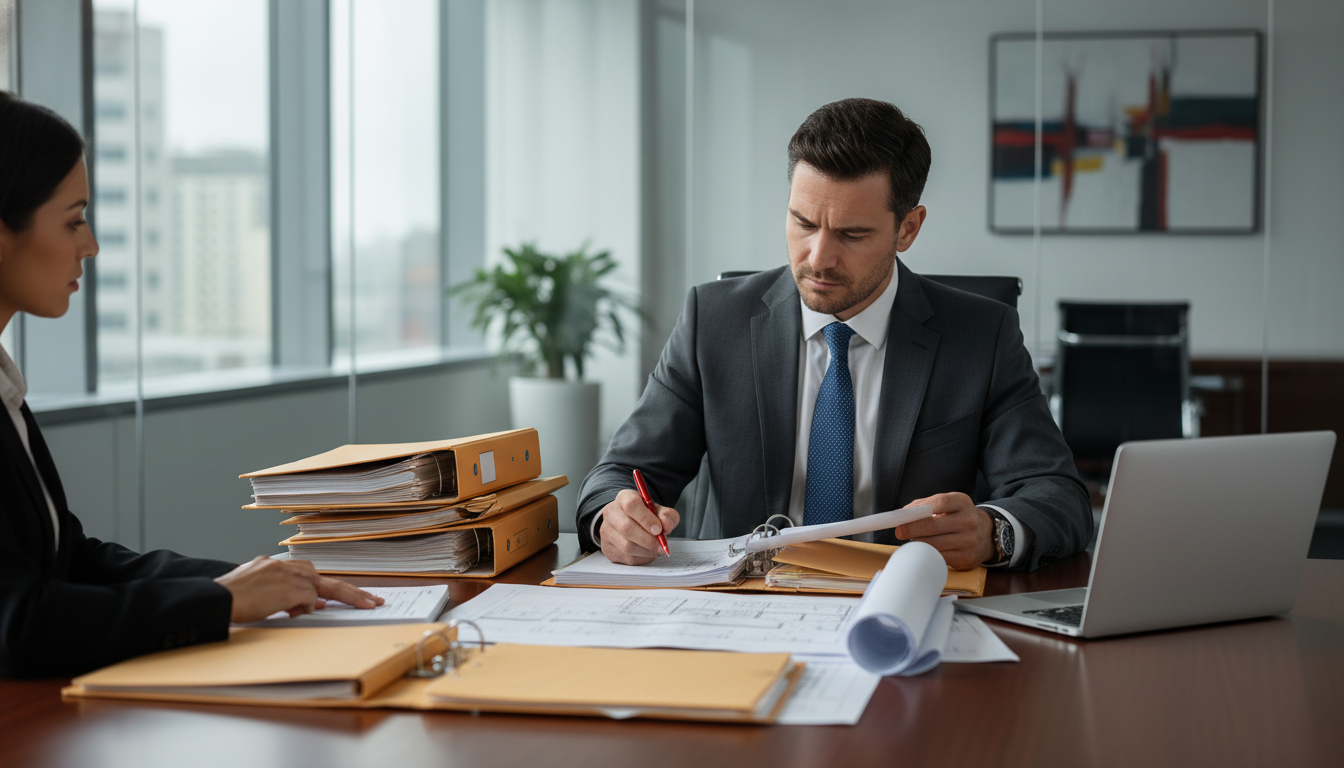 Professional structural engineer reviewing case documents in legal office setting