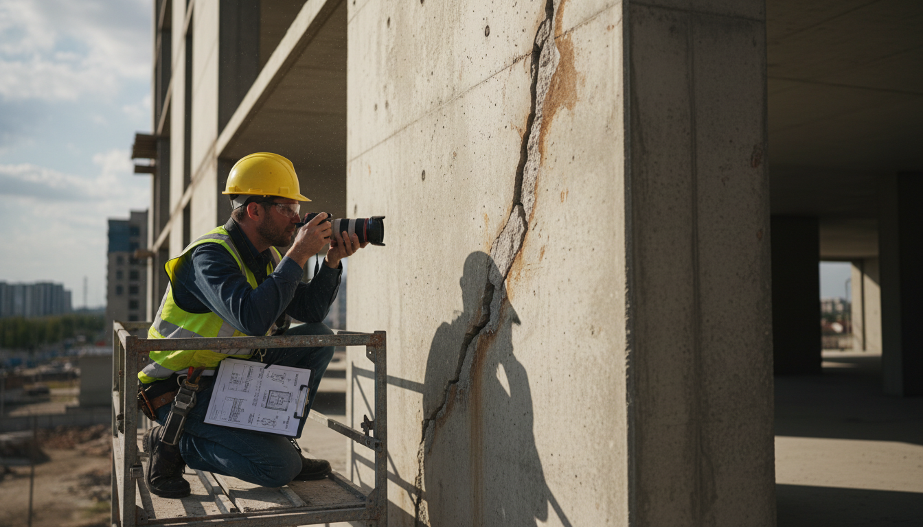 Structural engineer documenting construction defects on a commercial building