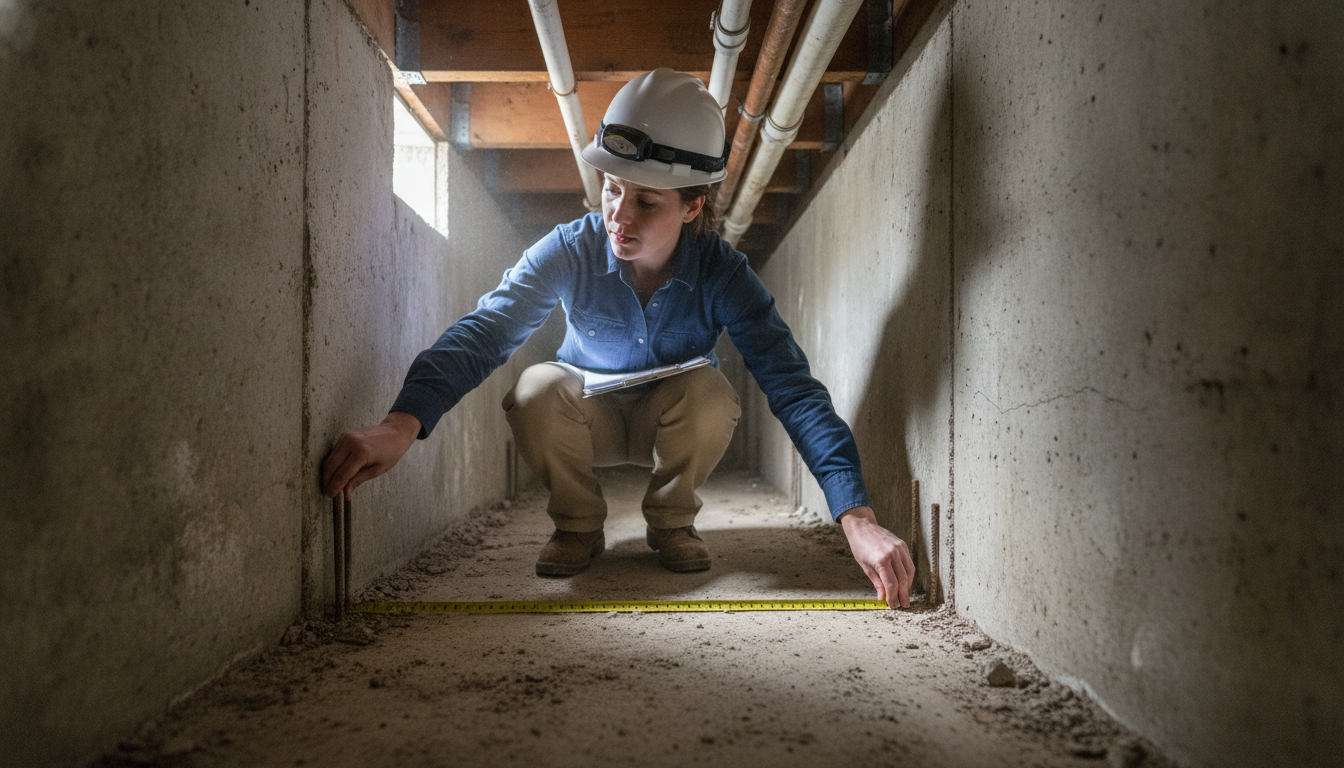 Structural engineer inspecting an exposed concrete footing in a test pit beside a residential foundation wall