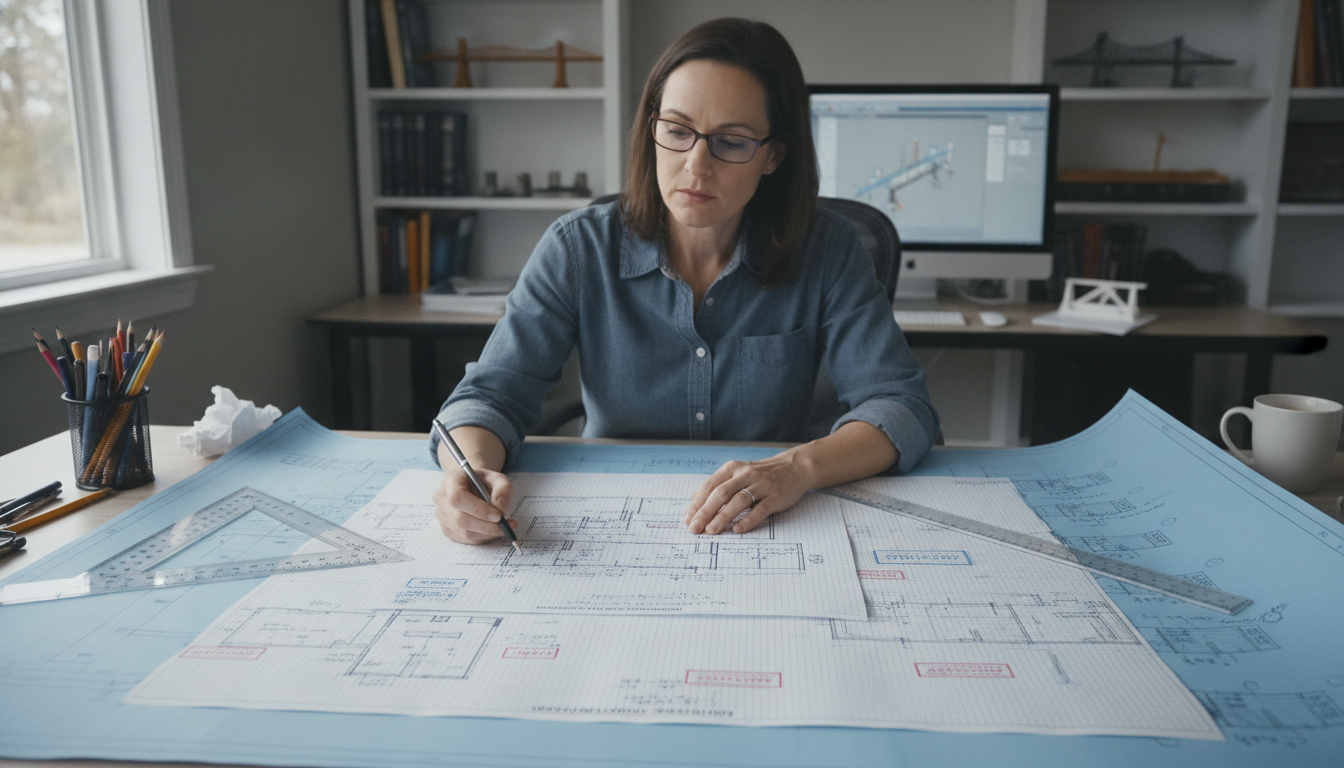 Structural engineer reviewing framing plans for a second-story addition on a residential home