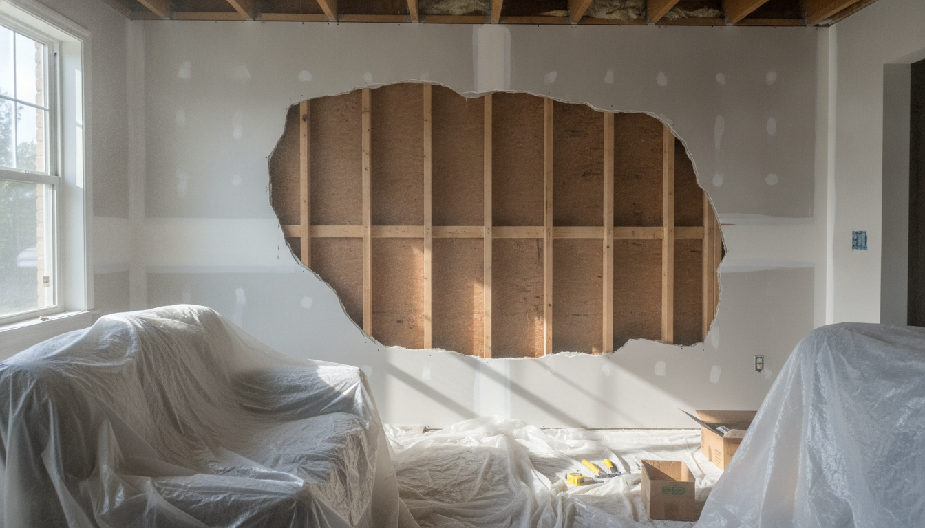 Homeowner examining an interior wall with exposed floor joists visible in the basement ceiling below