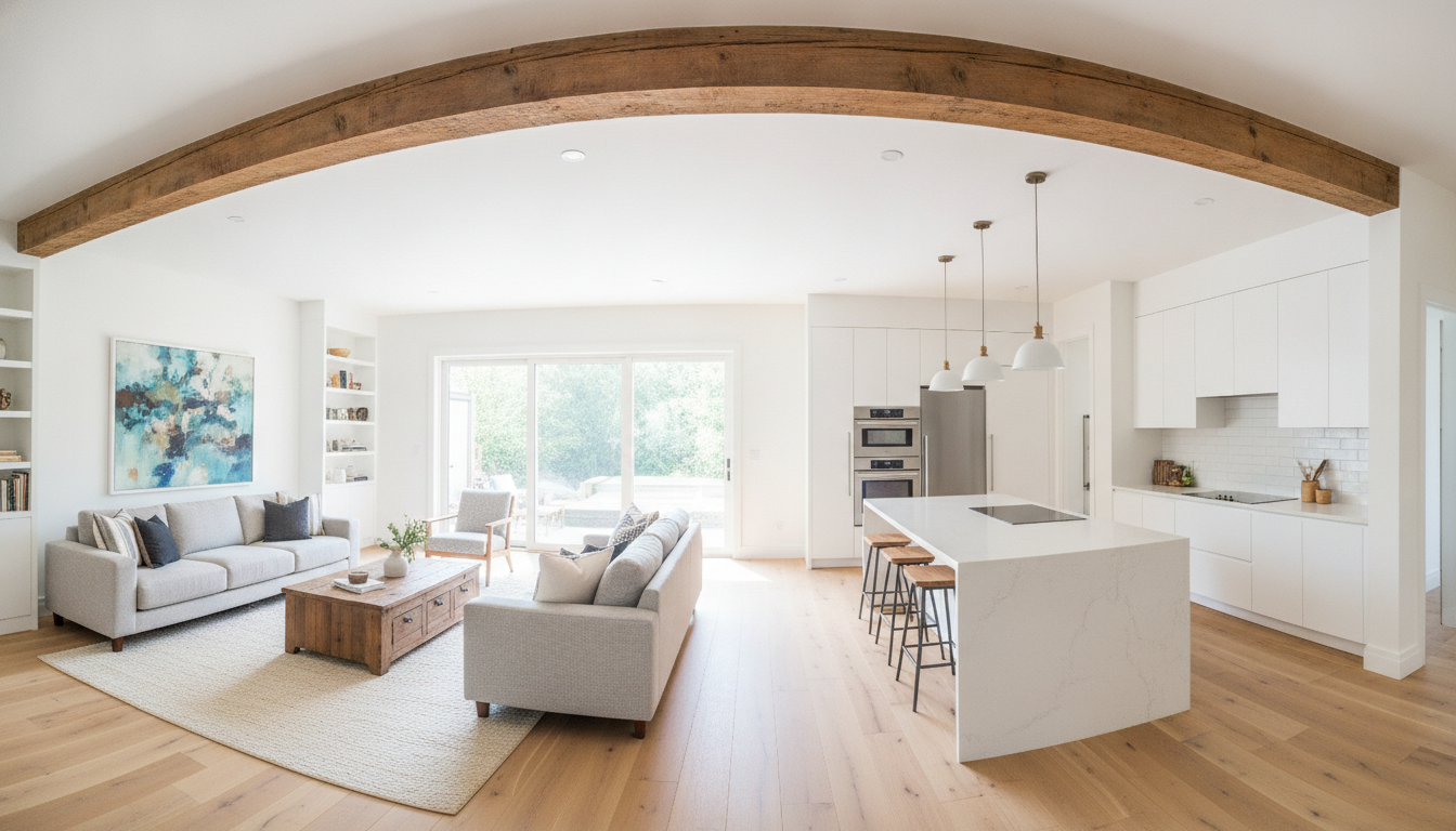 Open-plan kitchen and living area where a load-bearing wall was removed, with a beam spanning the opening