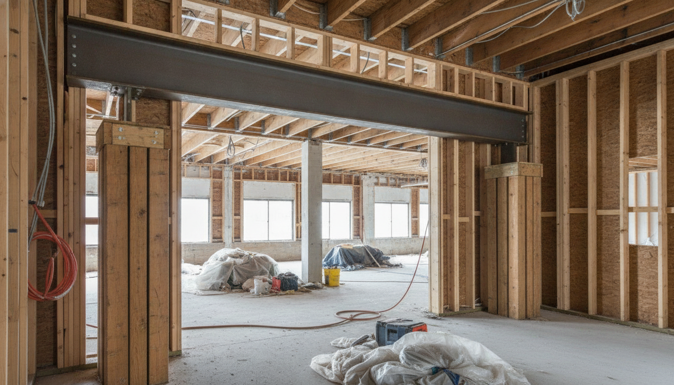 Steel W-beam spanning an open living space where a load-bearing wall was removed, supported by posts at each end